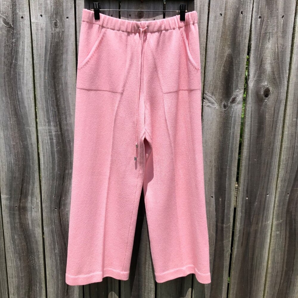 St John Medium Wool Drawstring Wide Leg Pants Pink Sport Pointelle Pocket